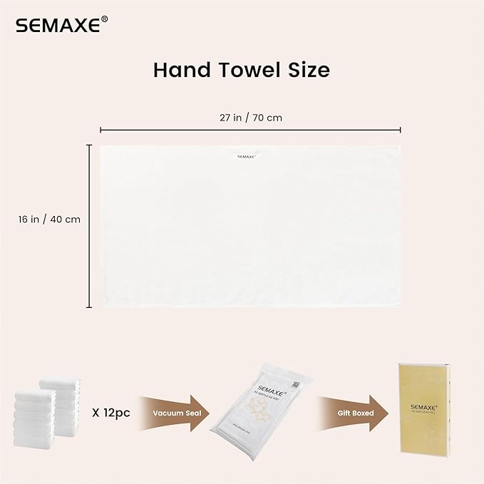 SEMAXE 12 Pack Hand Towels for Bathroom, 100% Cotton Towels with Hanging Loops, Soft and Highly Absorbent, Hand Towel Set for Gym, Shower, Hotel, Spa and Kitchen, White