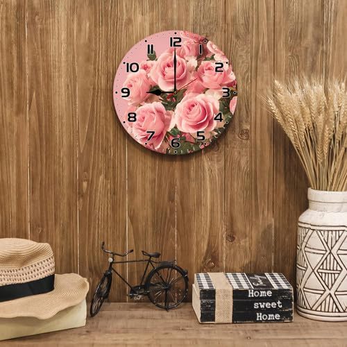 FemiaD Rose Flower Wall Clock 10inch Silent Non-Ticking Battery Operated Quartz Round Wooden Wall Clock Decorative for Kitchen Bedroom Living Room Home Decor