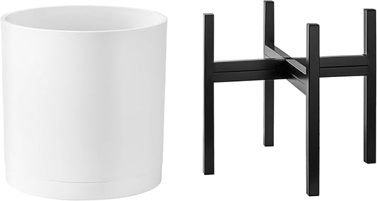 FaithLand 12-Inch White Planter & Mid-Century Plant Stand Bundle