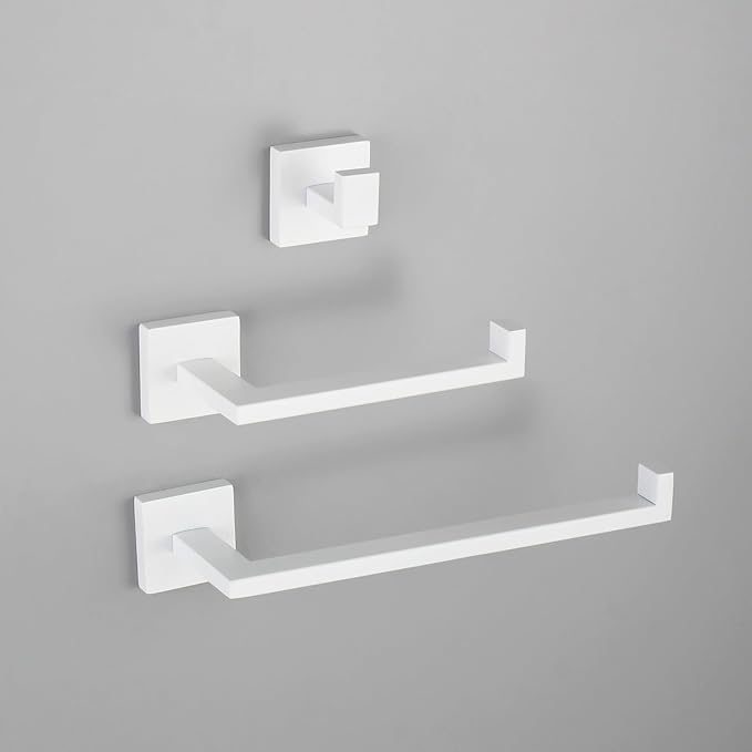 GERZWY Bathroom 3-Pieces Hardware Sets Stainless Steel - Toilet Paper Holder Towel Ring Coat Hook, White