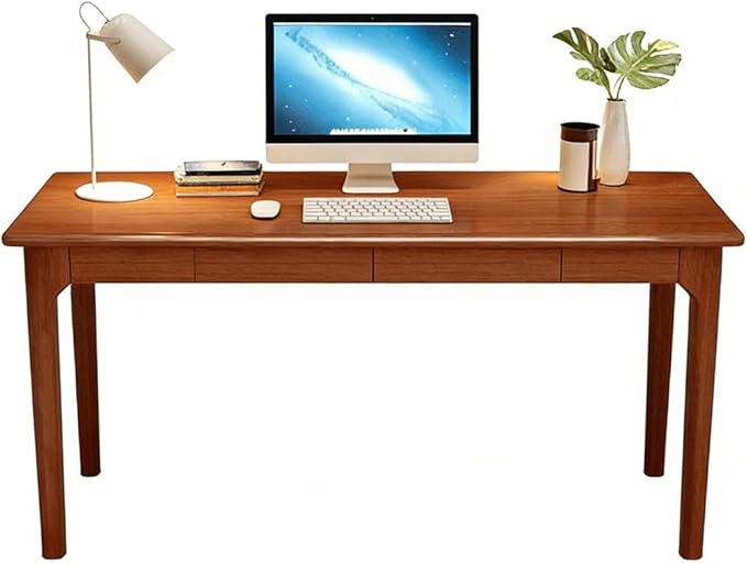 100% Solid Wood Desk, Rubberwood Office Desk with Drawers, Mid Century Modern Desk Table, Narrow Desk for Bedroom, Living Room & Office, Walnut Color,39.3 inch