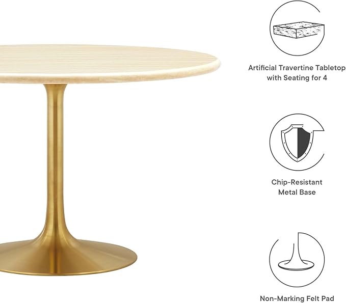 Modway Lippa 48" Round Artificial Dining Table with Tapered, Metal Base, Gold Travertine