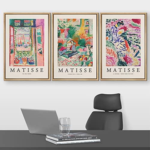 wall26 Framed Canvas Wall Art Print Set French Floral Rainbow Landscapes Henri Matisse Nature Plants Illustrations Modern Relax/Calm Multicolor for Living Room, Bedroom, Office - 24"x36"x3 Natural