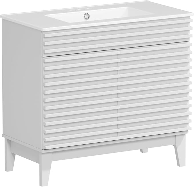 ROOMTEC 36" Bathroom Vanity with Sink, Mid-Century Freestanding Bathroom Vanity Sink with Storage, Undermount Ceramic Sink, Particleboard Frame with Wood Grain Laminate, White