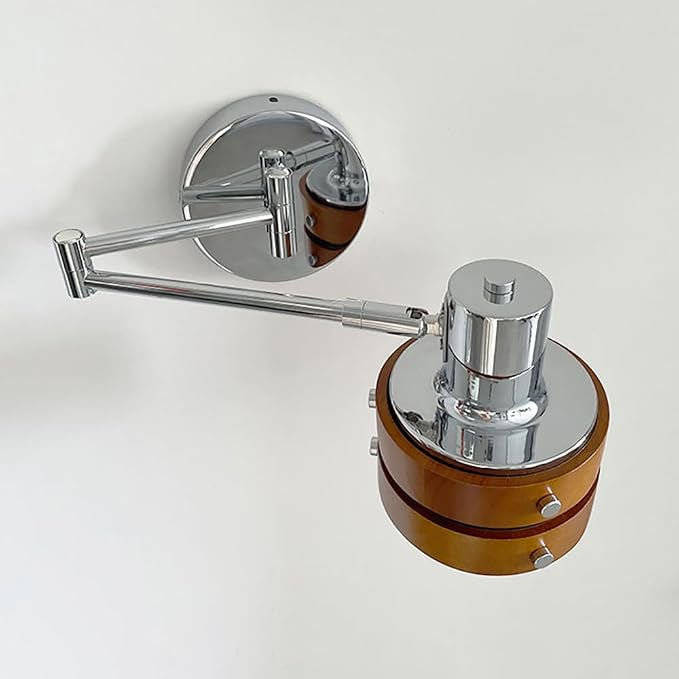Industrial Retro Swing Arm Wall Lamp - Adjustable 1-Light Sconce with Pull On/Off Switch, Silver & Wood Finish, Perfect for Bedroom Reading Home Lighting Decor