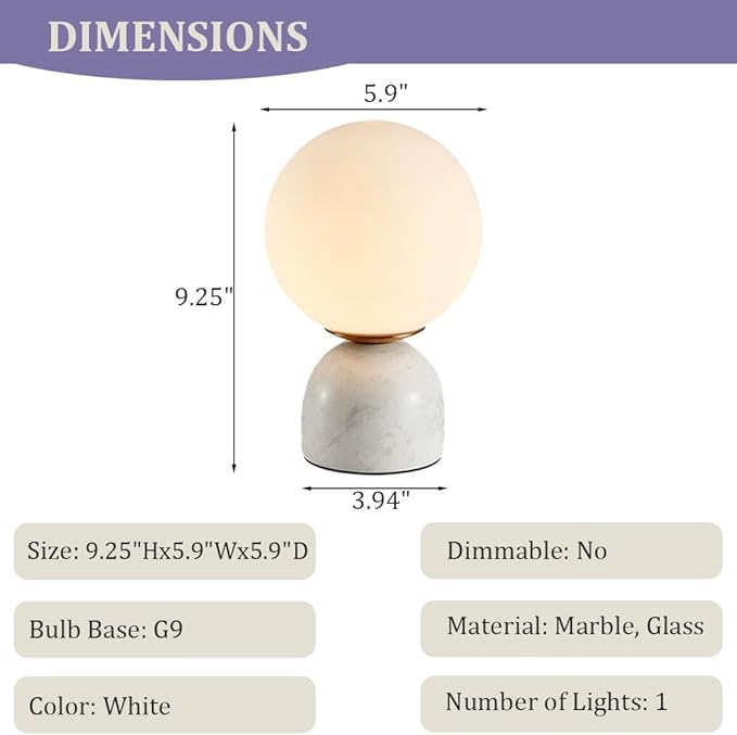 Meefad Globe Bedside Lamp, Modern Cute Night Light with Glass Shade, Marble Base, Small Table Lamp for Bedroom - White