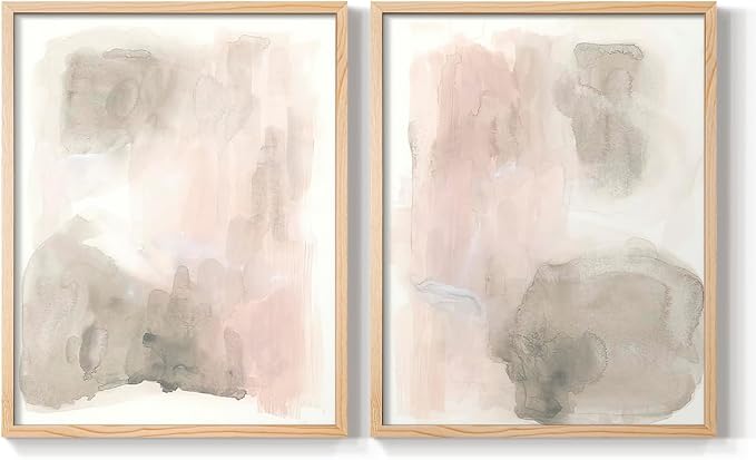 Renditions Gallery Set of 2 Peel & Stick Framed Prints, Watercolor Abstract Wall Art, Nude Color Neutral Aesthetic Wall Decor, Re-Stickable - Ready to Hang - 22"x28" - NATURAL WOOD Frame LT588