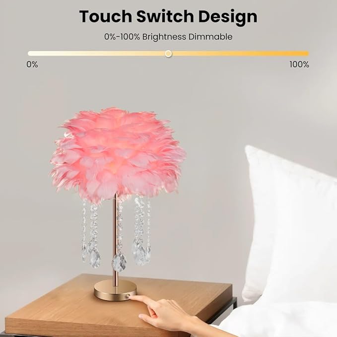 Fandian Bedside Table Feather Lamp Night Light with 3 Color Changing LED Lamp, Plug in Table Lamp for Romantic Girl Mother Bedroom Nursery Desk Decor (Pink)