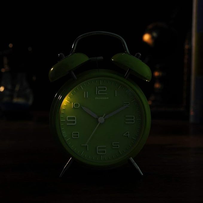 Peakeep 4 Inches Twin Bell Loud Alarm Clock for Heavy Sleepers, Battery Operated Old Fashioned Alarm Clock (3D-Dial, Green)