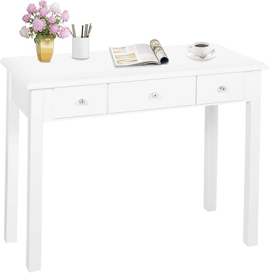 STHOUYN Home Office Small Writing Desk with Drawers Bedroom, Study Table for Adults/Student, Vanity Makeup Dressing Table Save Space Gifts White (White)