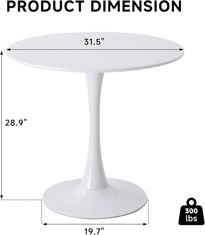 31.5" Round Dining Table for 2-4 Modern Circle Tulip Table with Metal Tulip Pedestal Base for Kitchen Dining Living Room Apartment Small Space Cafe, White