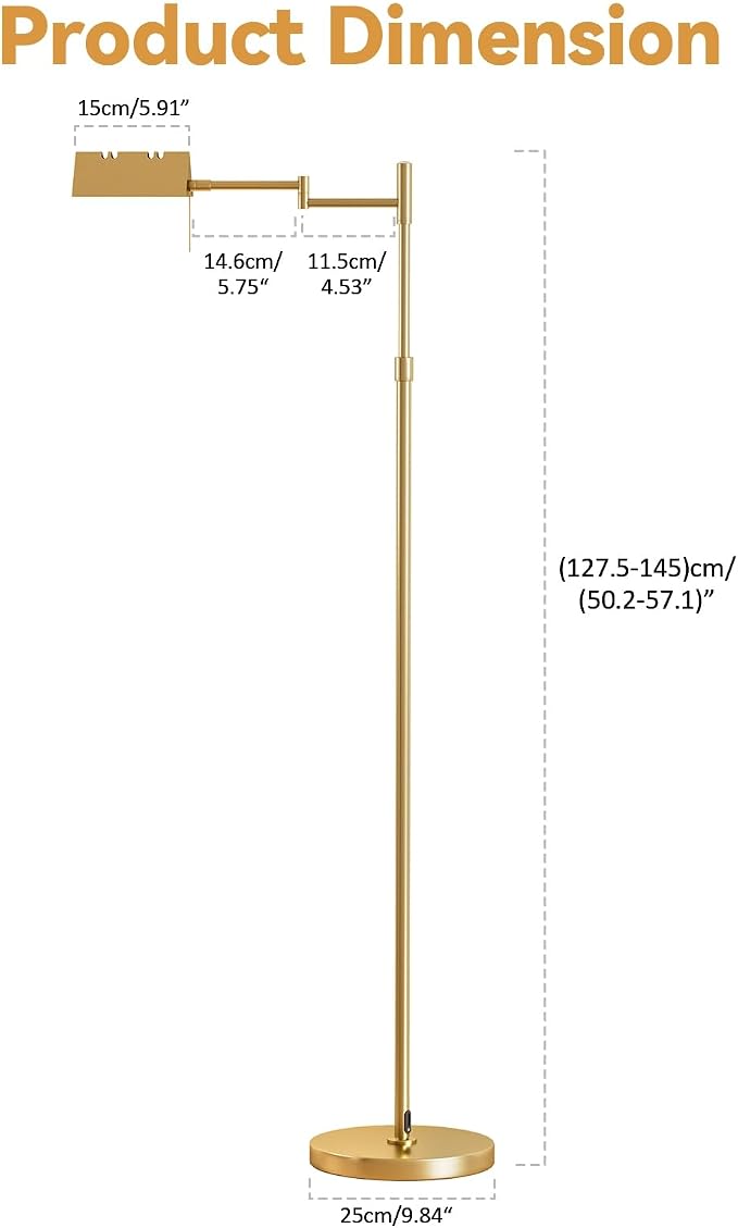 Pharmacy Floor Lamp - Full Range Dimming, Swing Arm Task Lamp, Adjustable Height 47” to 55”, 360° Rotatable Shade, All-Metal Design, Antique Brass