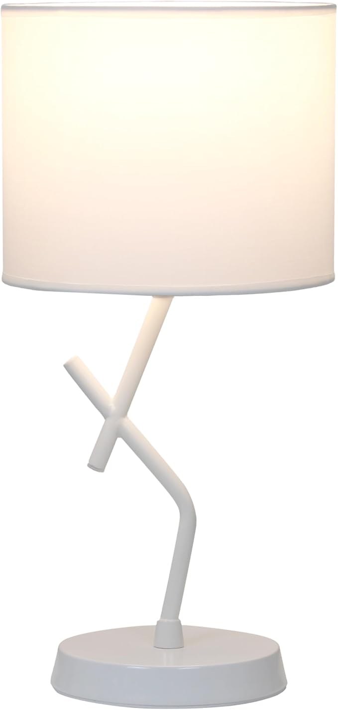Simple Designs LT1172-WHT 17.13" Metal and Modern Abstract Table Lamp with Drum Fabric Shade, Bedroom, Office, Living Room, Dorm, Side Table, White