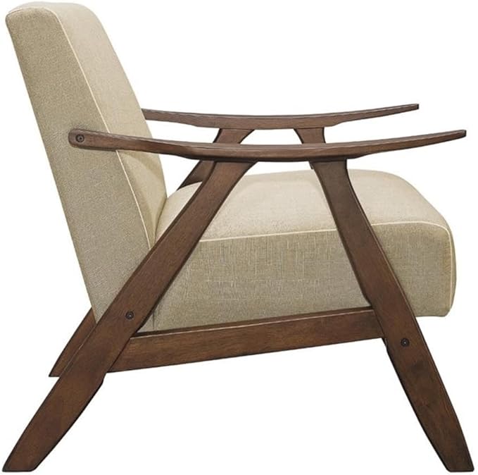 Lexicon Mid Century Modern Accent Chair with Solid Wood Frame in Walnut Finish, Upholstered Living Room Lounge Arm Chair, Thick and Comfy Innerspring Seat Cushion, Linen-Look Fabric, Light Brown