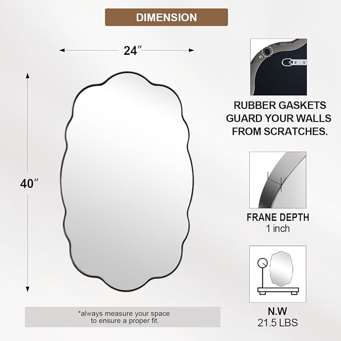 ANDY STAR Chrome Wavy Scalloped Mirror - 24x40 Inch Modern Oval Bathroom Mirror, Unique Irregular Wall Mirror with Heavy Duty SUS Metal Frame