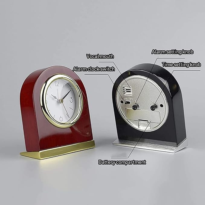 Table Clock Classic Desk Alarm Wood Desk Archway Small shelf clock with Silver Base. Retro Style small table clock, Modern Arched Shaped Clock,Low-Gloss Rosewood Hall Finish, Brass Finish Metal Bass.