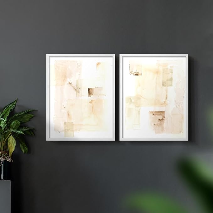 Renditions Gallery Set of 2 Peel & Stick Framed Prints, Abstract Wall Art, Mixed Handmade Oil Painting Wall Decor, Re-Stickable - Ready to Hang - 8"x10" - White Frame LT588