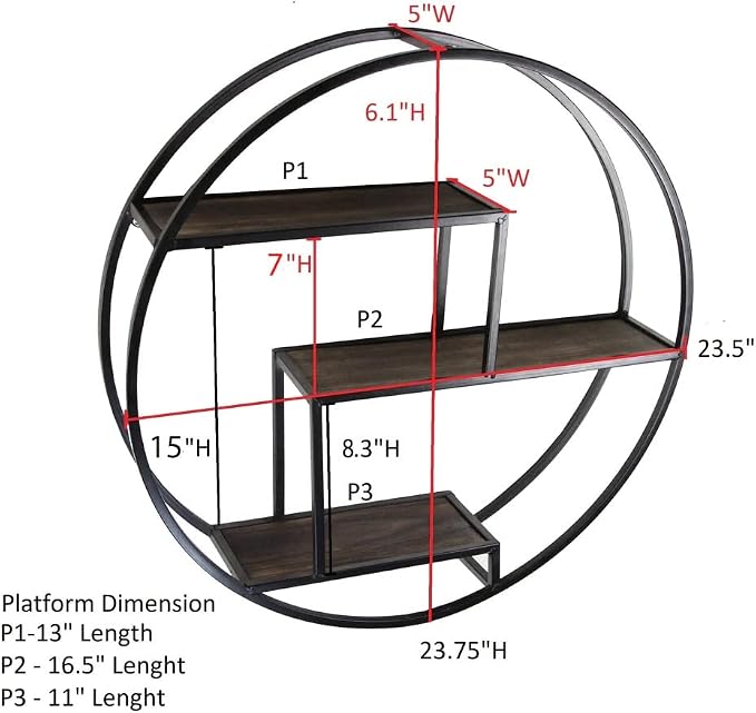 Admired By Nature, 18" Mounted Iron Circle Hanging Storage Shelving Floating Shelf 4 Tier Floating Circular Wall Decor Round Decorative Hanging Shelves, Sphere Shape Wall Shelf For Home, Black, 1 unit