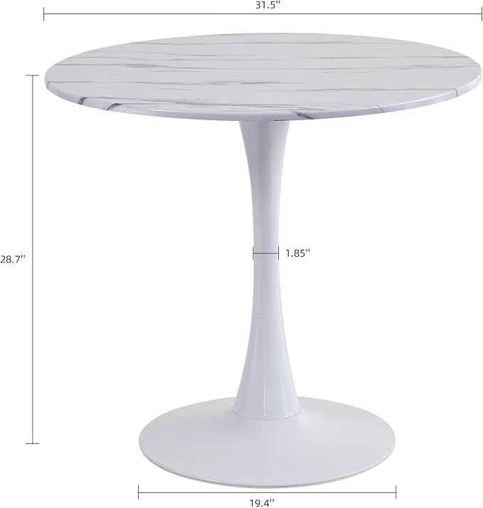 Round Dining Table, 31.5" Circle Tulip Table with Thickened Tabletop & Metal Pedestal, Mid Century Modern Bistro Table for Kitchen, Small Places, Living Room, Cafe (Marble Pattern White)