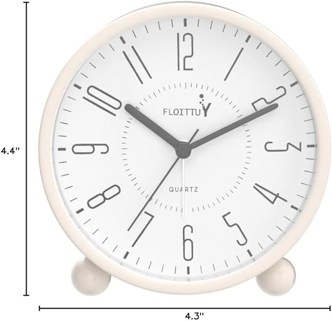 FLOITTUY Super Silent Metal Alarm Clock,Beep Wake Round Alarm Clock with Night Light,Battery Operated,Easy Set,Simple & Retro for Desk, Bedroom and Home Decoration(Creamy White)