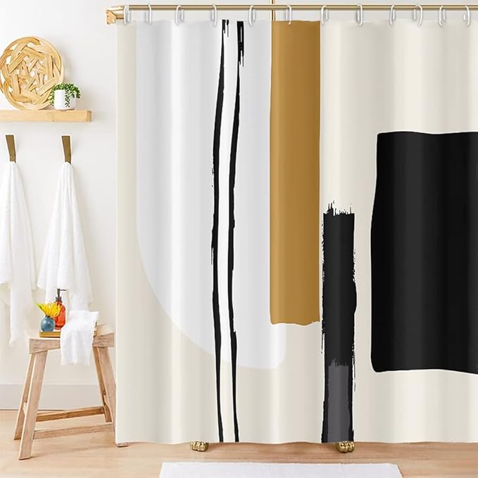 Abstract Geometric Shower Curtain Watercolor Black and Tan Stripes Pattern Design for Modern Minimalist Bathroom Decor Accessories Shower Curtain Set with 8 Hooks, 48x72 Inches