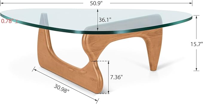 Triangle Glass Coffee Table Vintage Glass End Table, Solid Wood Base and Triangle Clear Glass Top Modern End Table for Living Room, Patio, Study (Light Walnut)