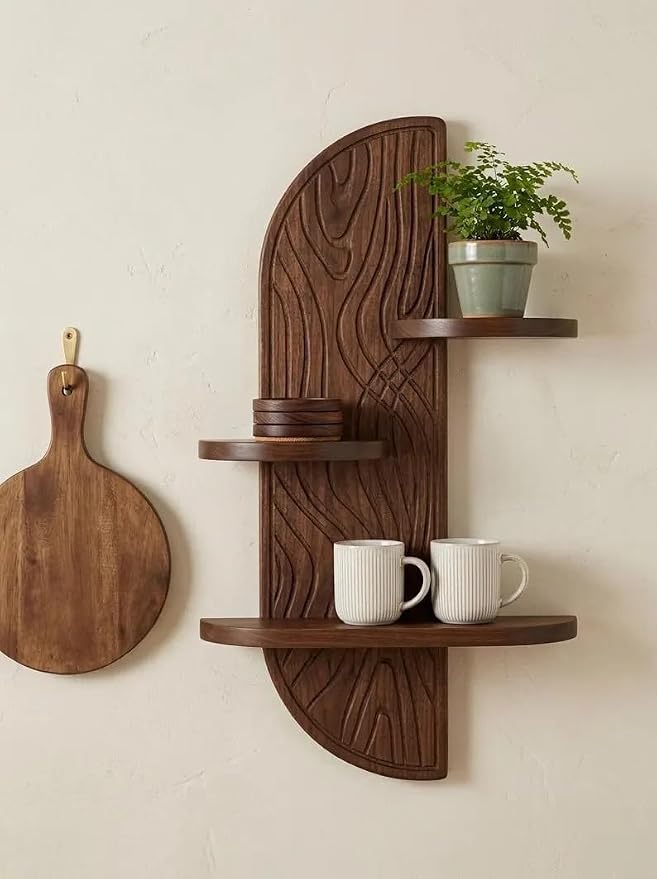Wood Arched Wall Shelf| Mid-Century Modern Wall Art| Hallway, Kitchen, Bedroom Wall Decor| Floating Plant Stand