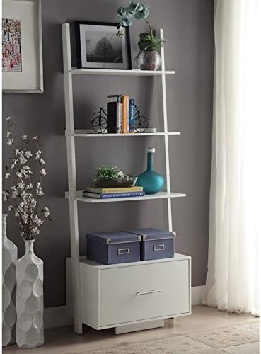 Convenience Concepts American Heritage Ladder Bookshelf with File Drawer 24.75" - Classic Living Room Bookcase with Filing Cabinet for Office, Den, White