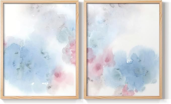 Renditions Gallery Set of 2 Peel & Stick Framed Prints, Watercolor Abstract Wall Art, Cotton Candy Splash Wall Decor, Re-Stickable - Ready to Hang - 16"x20" - NATURAL WOOD Frame LT588