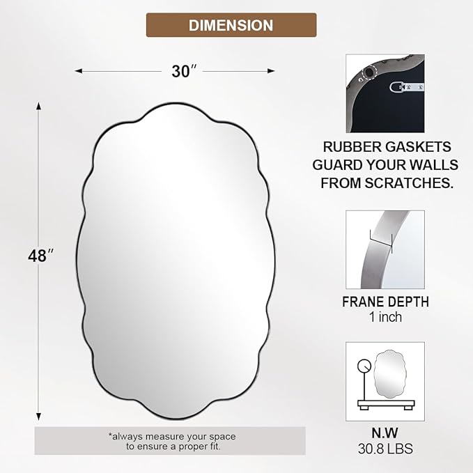 ANDY STAR Brushed Nickel Bathroom Mirror, 30x48 Inch Large Silver Wavy Vanity Mirror, Unique Oval Bathroom Vanity Mirror with Sophisticated Curved Design