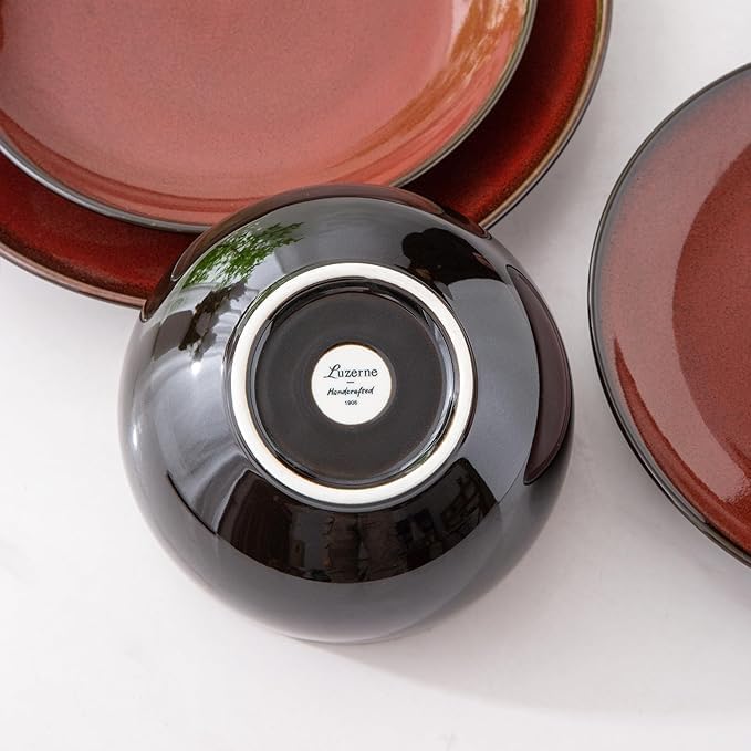 LeRatio Ceramic Dinnerware Sets for 6,Stoneware Plates and Bowls Sets,Handmade Reactive Glaze Dishes Set,Chip Resistant and Scratch Resistant | Oven&Dishwasher & Microwave Safe,Service for 6-Red