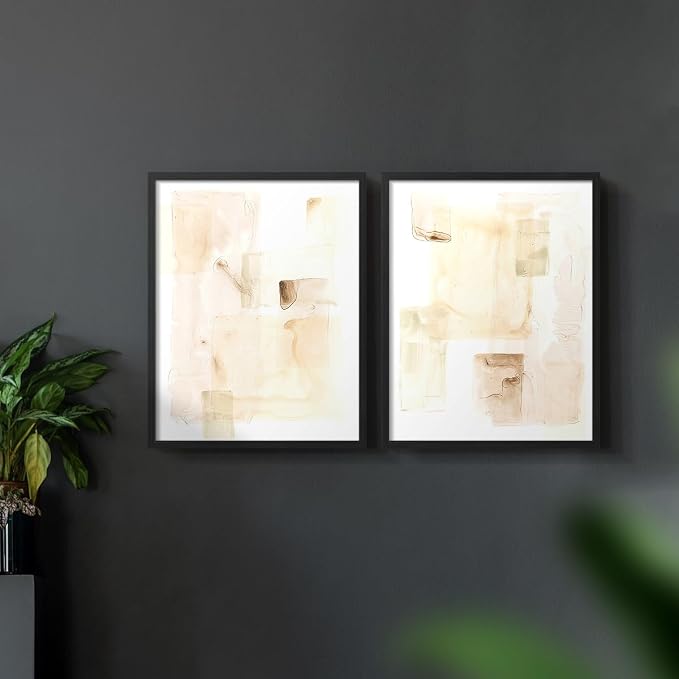 Renditions Gallery Set of 2 Peel & Stick Framed Prints, Abstract Wall Art, Mixed Handmade Oil Painting Wall Decor, Re-Stickable - Ready to Hang - 16"x20" - Black Frame LT588