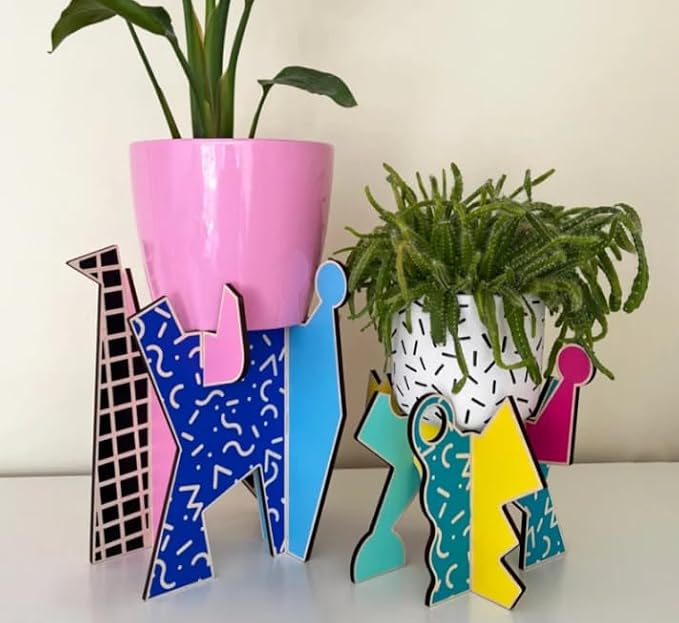 Retro Geometric Indoor Plant Stand Wooden Holder for Small Pots Mid Century Style Decor (Large)