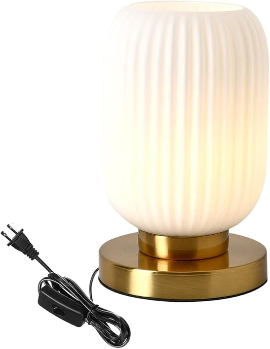 Modern Glass Table Lamp with Ribbed Shade, White, 10.6 x 5.9 inches, E26, for Bedside Bedroom Living Room Office