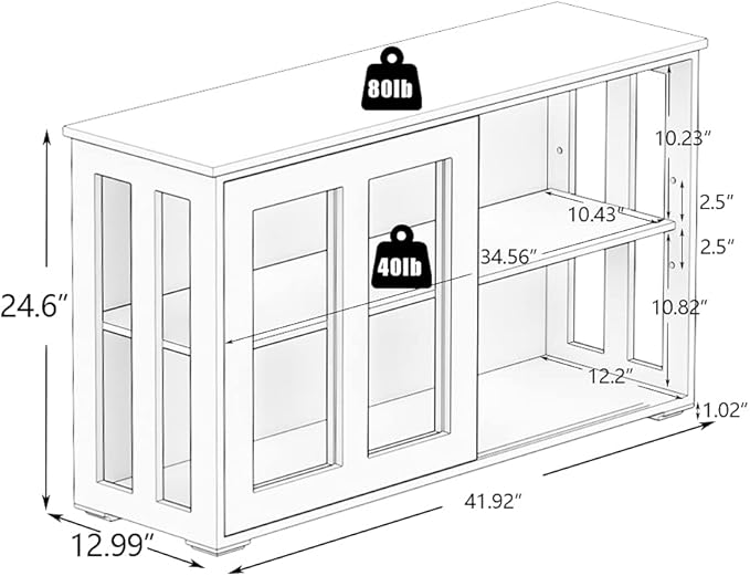 RASOO Kitchen Storage Cabinet Antique Stackable Buffet Storage Sideboard Adjustable Shelf Inside Credenza Cupboard with Transparent Glass Sliding Door (White)