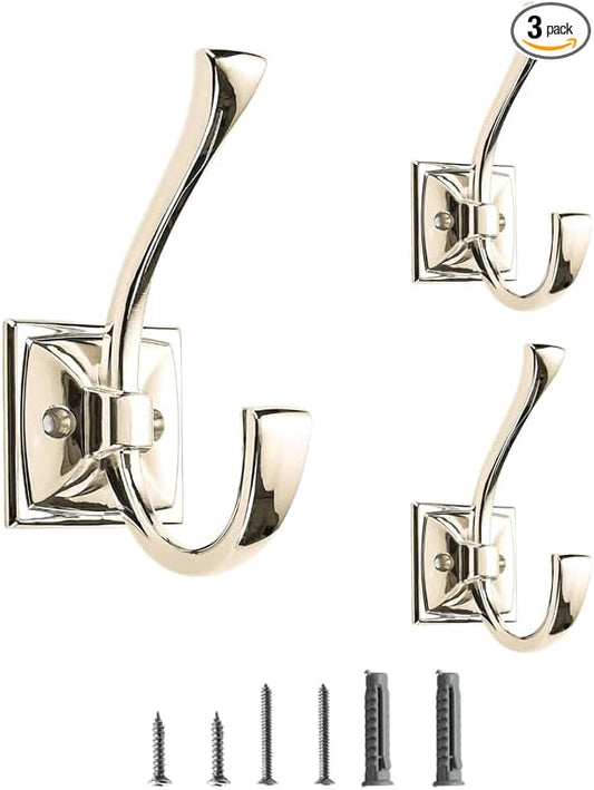 3 Pack Decorative Heavy Duty Towel Hooks for Hanging Robe Double Polished Nickel Coat Hooks Wall Mounted with Screws for Key, Towel, Bags, Cup, Hat