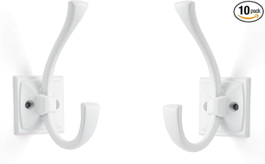Large Wall Hooks 10 Pack White Coat Hooks Hardware Towel Hooks for Hanging Coats 4.35 Inch Double Robe Hooks Wall Mounted with Screws for Key, Towel, Bags, Cup, Hat