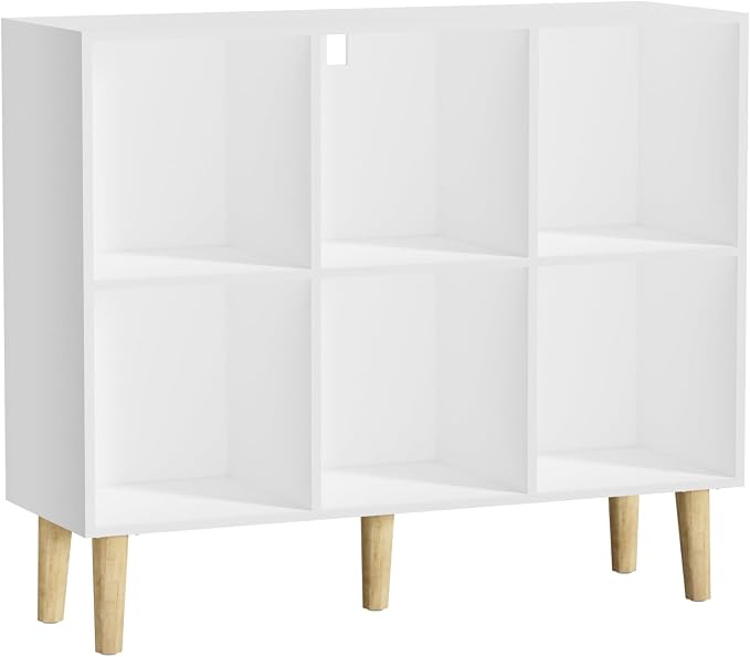 6 Cube Bookcase, Wooden Book Shelf Cube Storage Organizer with Legs, 2 Tier Bookshelf Freestanding Open Shelves for Home Office, Living Room, Bed Room (White, 6 Cube Horizontal)