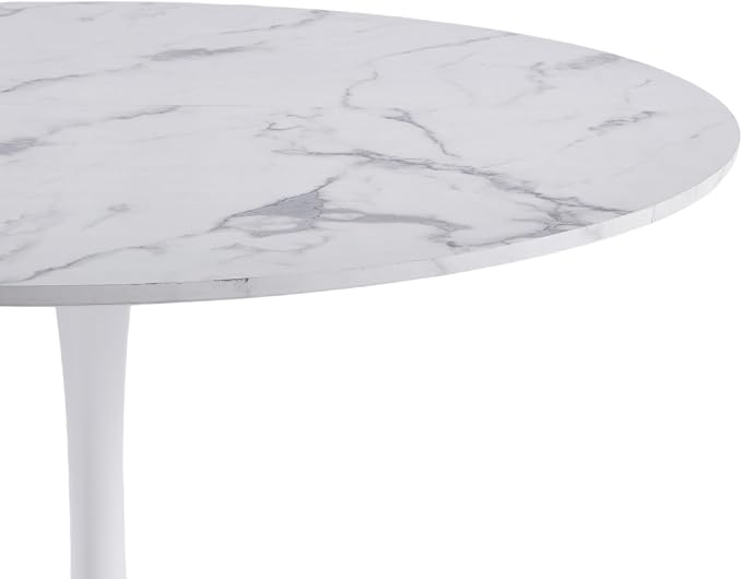 KEIKI 42.1" Round Dining Table, Mid Century Modern Bistro Table with Thickened MDF Tabletop & Metal Pedestal, for 4-6 People, Small Places, Cafe, Kitchen, Living Room, Faux Marble White