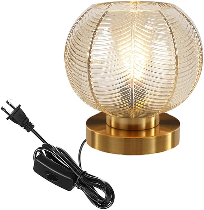 Modern Table lamp Gold Desk lamp with Amber Ribbed Glass Shade nightstand Lamps Small Table lamp Bedside Table lamp for Bedroom Living Room Office