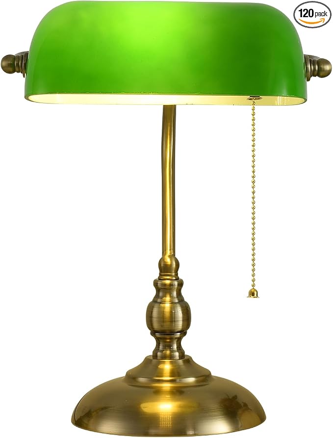 Classic Banker's Desk Lamp, Green Glass Shade, Antique Brass Base, Pull Cord Switch, Vintage Style