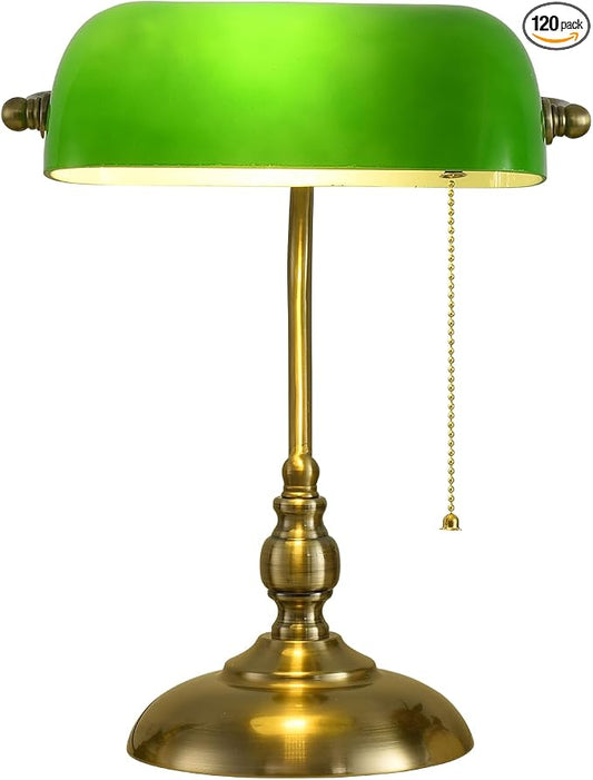 Classic Banker's Desk Lamp, Green Glass Shade, Antique Brass Base, Pull Cord Switch, Vintage Style