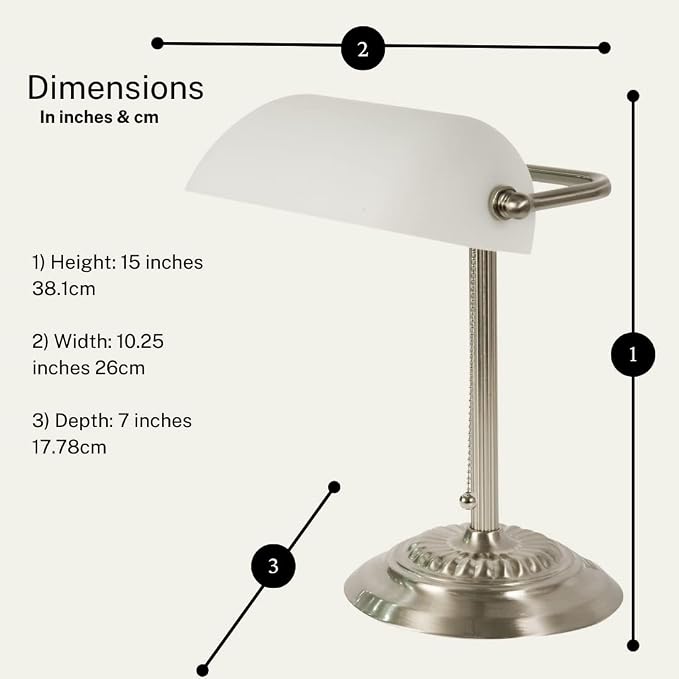 LIGHTACCENTS Bankers Desk Lamp with White Glass Shade, Nickel Finish - Traditional Desk Light for Home Office, Reading, Piano, Bedside