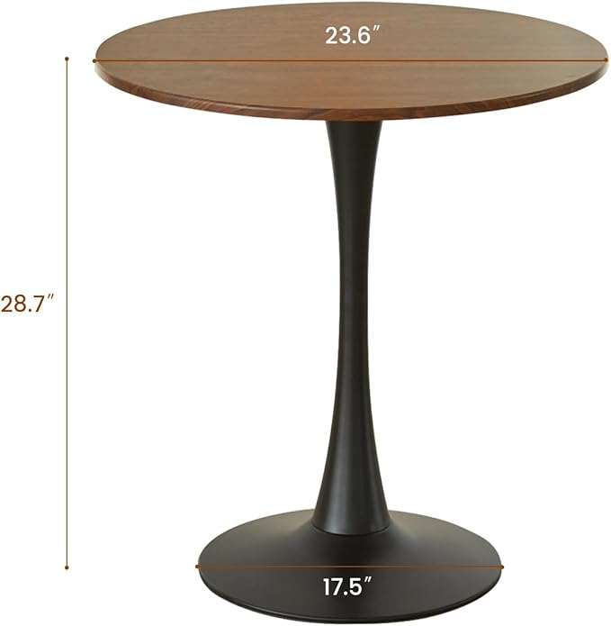 Round Dining Table, 24" Circle Tulip Table with Thickened Tabletop & Metal Pedestal, Mid Century Modern Bistro Table for Kitchen, Small Places, Living Room, Cafe (Brown)