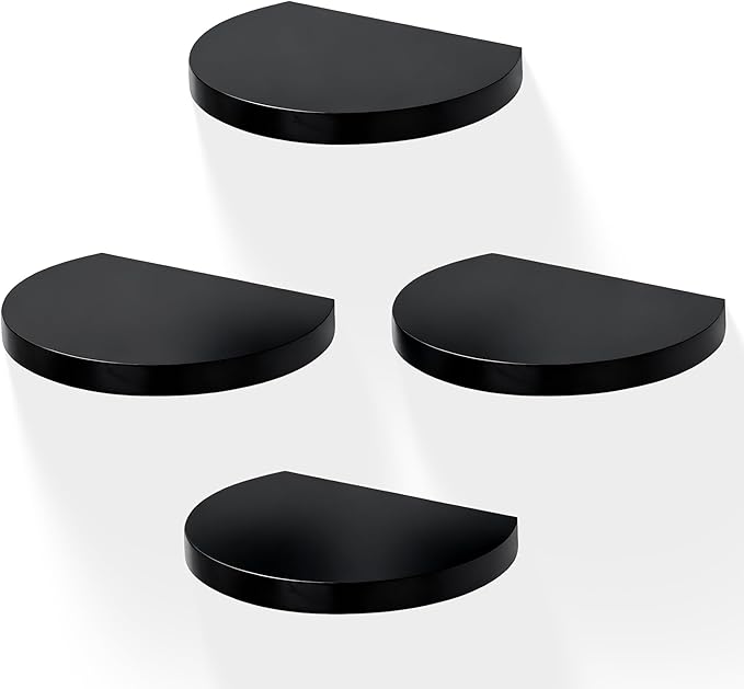 Small Wood Floating Shelves (4-Pack, 6-inch Diameter) - Round Sturdy Invisible Wall Mount Display for Small Plants,Toys,Bathroom,Living Room Storage & Modern Rustic Décor (Black)