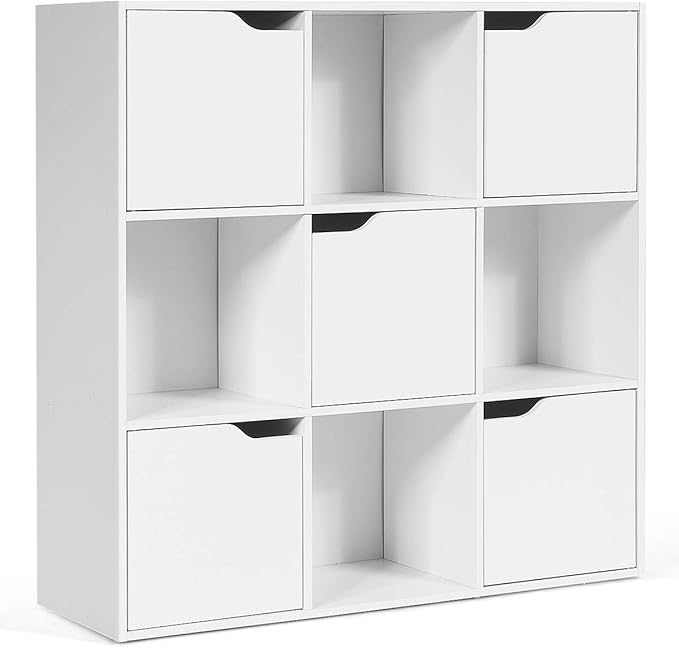 Giantex 9-Cube Storage Organizer, Storage Cabinet with 4 Open Cubes and 5 Cabinets, Freestanding Wooden Cubby Bookcase, Compartment Units for Home Office, 3-Tier Bookshelf for Books