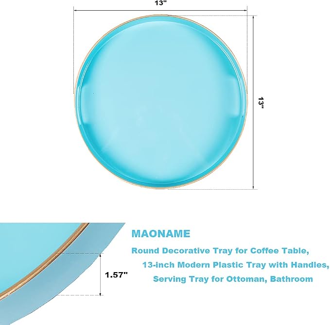 MAONAME 13-inch Light Blue Round Tray, Modern Decorative Tray for Coffee Table, Blue Serving Tray with Handles, Plastic Circle Tray for Ottoman, Bathroom, Decor