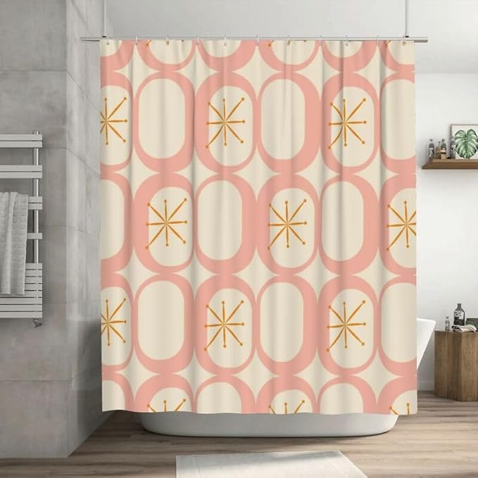 Retro 50S Shower Curtains Vintage Mid Century Aesthetics Modern Pink Beige Pattern Duty Fabric Shower Curtain Set Bathroom Polyester Waterproof with 12 Hooks, 55x72Inch（140x183cm）