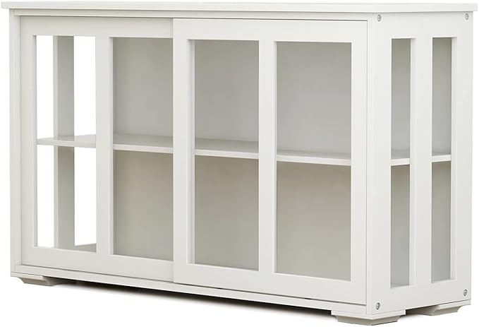 RASOO Kitchen Storage Cabinet Antique Stackable Buffet Storage Sideboard Adjustable Shelf Inside Credenza Cupboard with Transparent Glass Sliding Door (White)