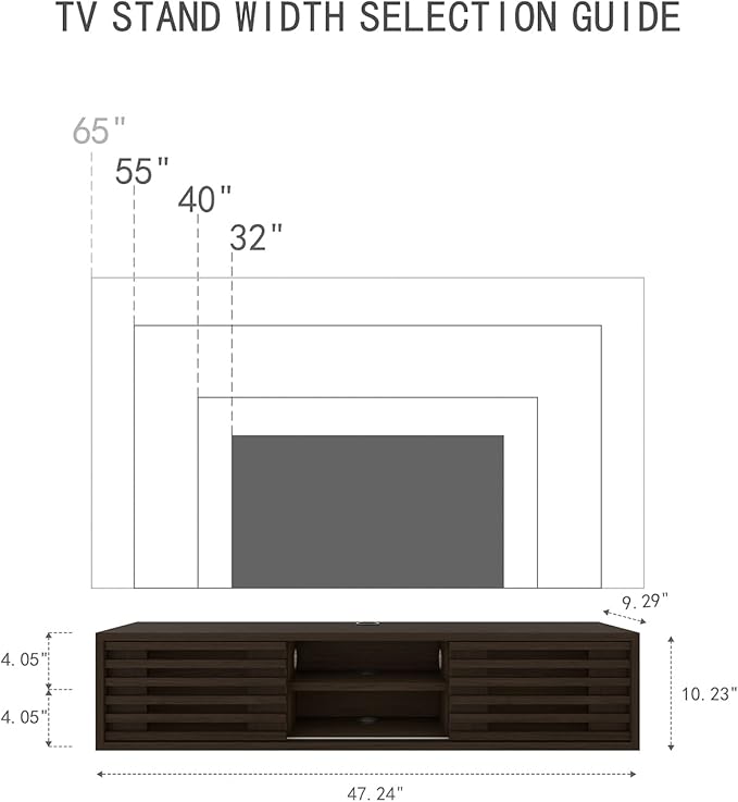47" Floating TV Stand with Slatted Sliding Doors, Mid-Century Modern Wall Mounted Entertainment Center, Walnut Media Floating tv Console for 65 TV, Space-Saving Cable Management